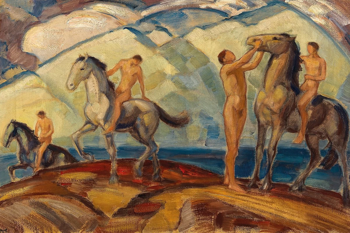Cavalieri al lago di montagna